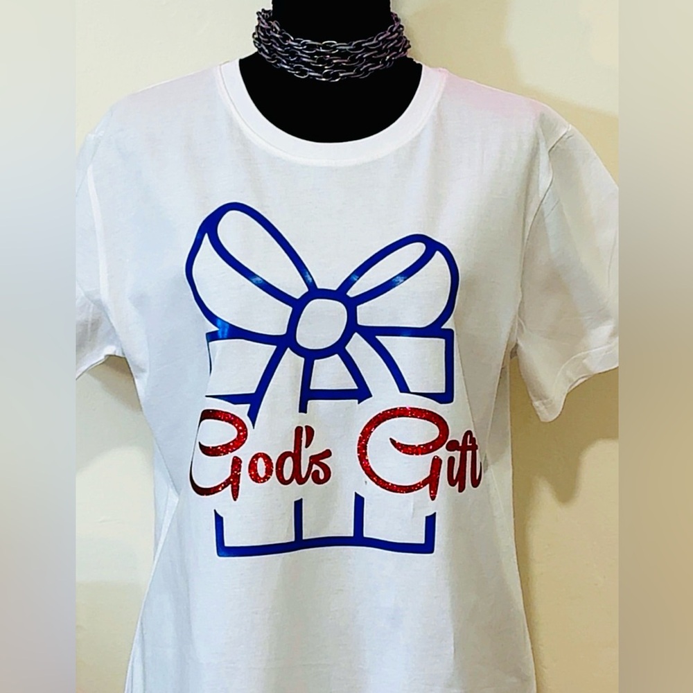 God's Gift White womens Tee with Blue & Red Graphic
